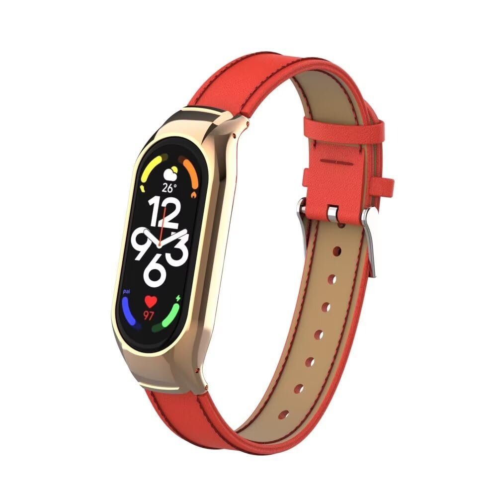 T-BLUER Compatible with Xiaomi Mi Band 7 Band,Leather Replacement Strap Wirstband Accessories with Metal Frame for Xiaomi Mi Band 7 Smart Bracelet,Red