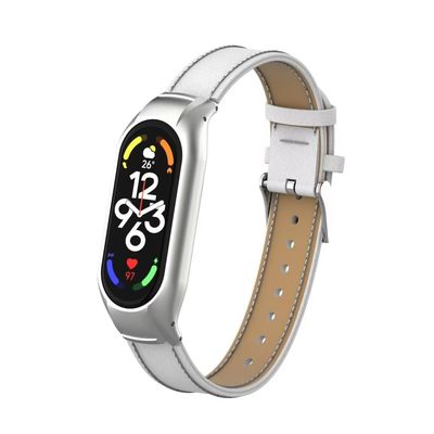 T-BLUER Compatible with Xiaomi Mi Band 7 Band,Leather Replacement Strap Wirstband Accessories with Metal Frame for Xiaomi Mi Band 7 Smart Bracelet,White