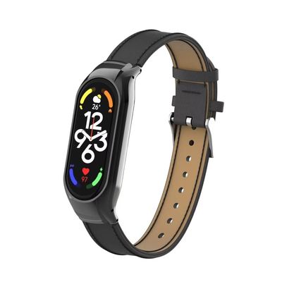 T-BLUER Compatible with Xiaomi Mi Band 7 Band,Leather Replacement Strap Wirstband Accessories with Metal Frame for Xiaomi Mi Band 7 Smart Bracelet,Black