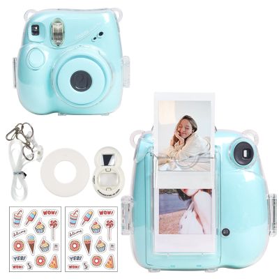 CAIYOULE Clear Case for Fujifilm Instax Mini 7+ Camera Protective Case with Back Photo Storage Pocket, Selfie Mirror, Stickers and Adjustable Shoulder StrapNo Camera