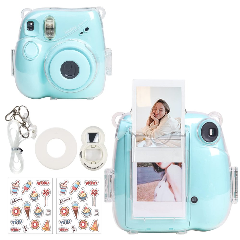 CAIYOULE Clear Case for Fujifilm Instax Mini 7+ Camera Protective Case with Back Photo Storage Pocket, Selfie Mirror, Stickers and Adjustable Shoulder StrapNo Camera