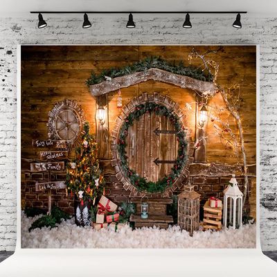 10x10ft Xmas Rustic Barn Vintage Wooden Background Christmas Trees Xmas Gifts Backgrounds for Photography