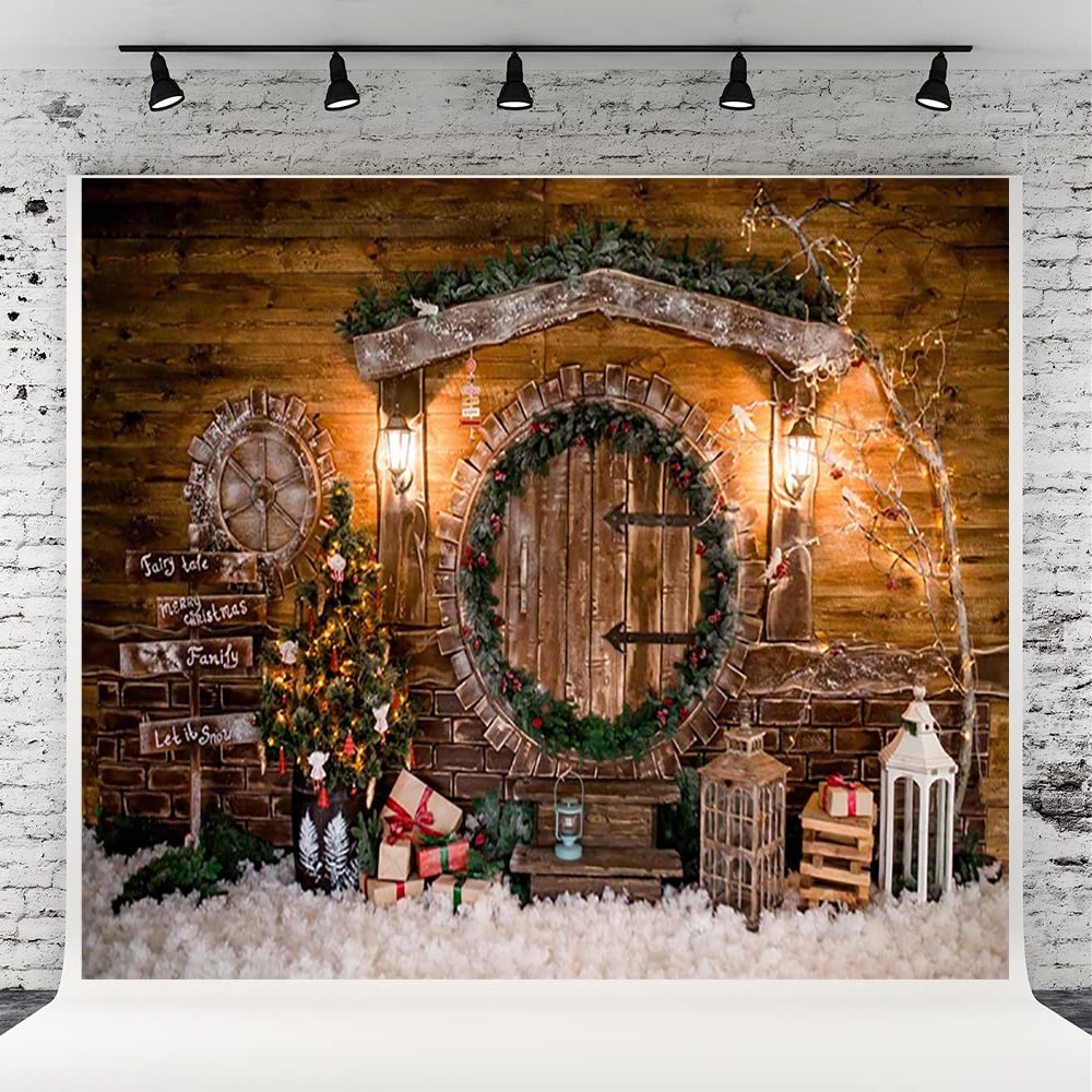 10x10ft Xmas Rustic Barn Vintage Wooden Background Christmas Trees Xmas Gifts Backgrounds for Photography
