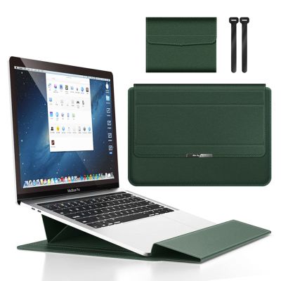 15 16 Inch Laptop Sleeve Case Adjustable Stand Compatible with MacBook Pro 16 A2485 2019-2022 Old Inch/Dell XPS 15 2012-2022 Surface Laptop15 Faux Leather Case with Accesory Bag,Blackish Green