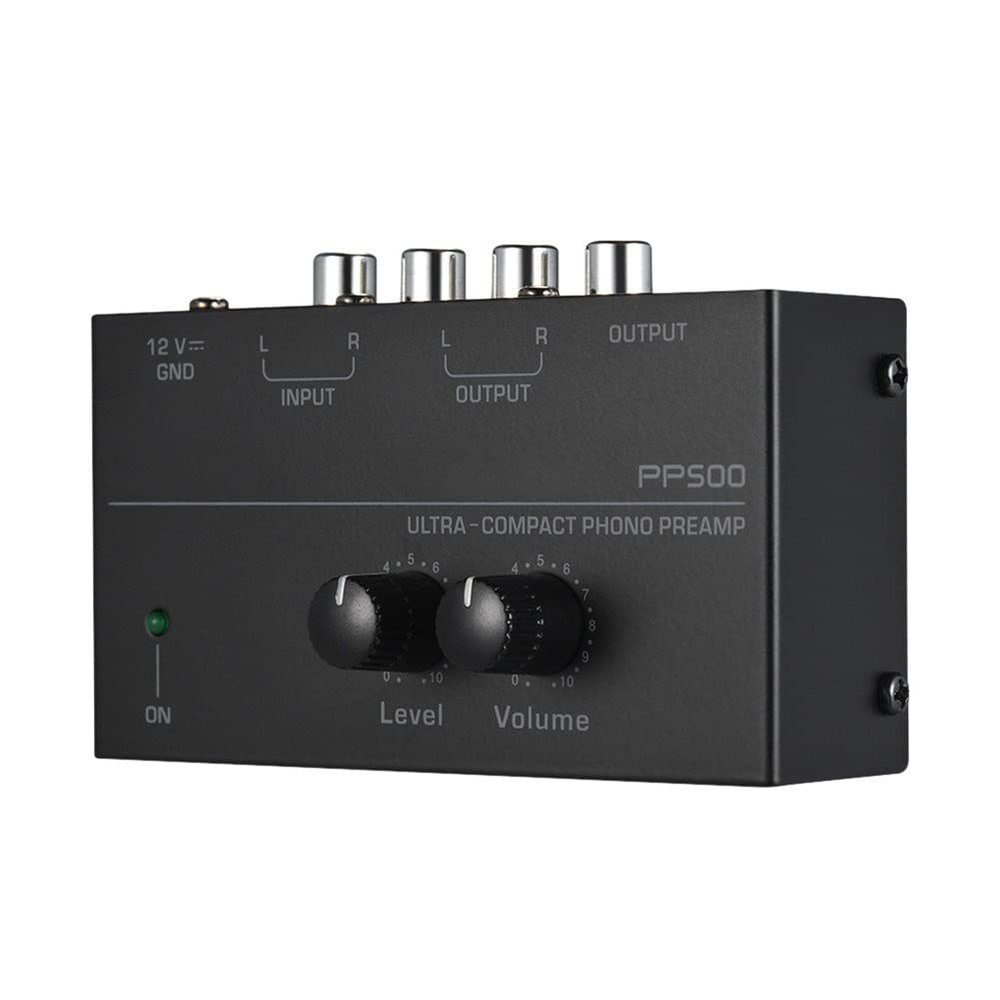 Phono Turntable Preamp-Mini Audio Stereo PhonographSeparate DC 12V Power Adapter, RCA Input, RCA Output & Low Noise preamp,Portable, Independent Knob Control Operation -Depusheng PP500, Black