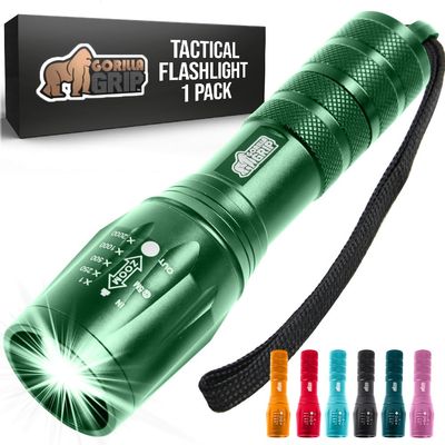 GORILLA GRIP Powerful LED Tactical Flashlight, 750 FT High Lumens 5 Adjustable Modes, Water Resistant, Ultra Bright Zoom Flashlights, Small Mini Flash Light, Camping, Night Dog Walking, Green