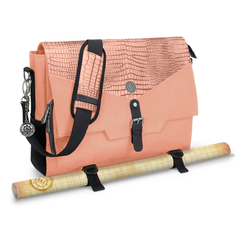 ENHANCE Collector's Edition RPG Player's Essentials DND Bag - Dragon Hide Exterior Messenger Bag Fits 2-4 Books, Binders, Dice & Accessories, with 17 inch Laptop Slot, Battlemap Straps (Dragon Pink)