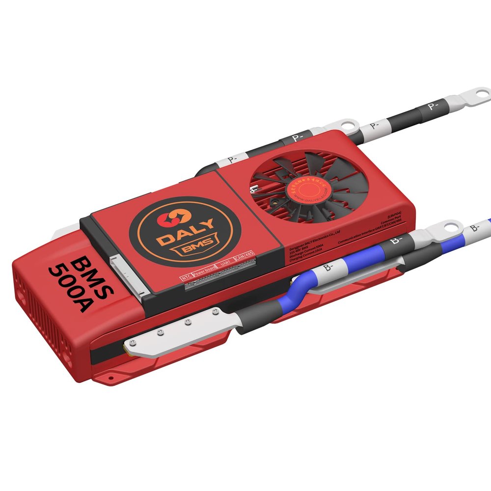 DALY Smart BMS LiFePo4 15S 48V 500A PCB Battery Management System with UART Communication CAN 485 Bluetooth Battery Monitoring Module and Cooling Fan for 18650 Battery Pack