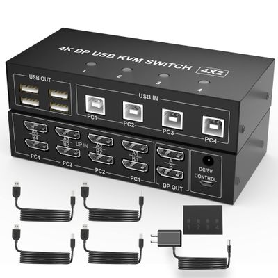 4 Port KVM Switch Dual Monitor Displayport 4K 60Hz, KVM Switch 2 Monitors 4 Computers with 4 USB 2.0 Hub, Dual Monitor Displayport KVM Switch Keyboard Mouse Switcher