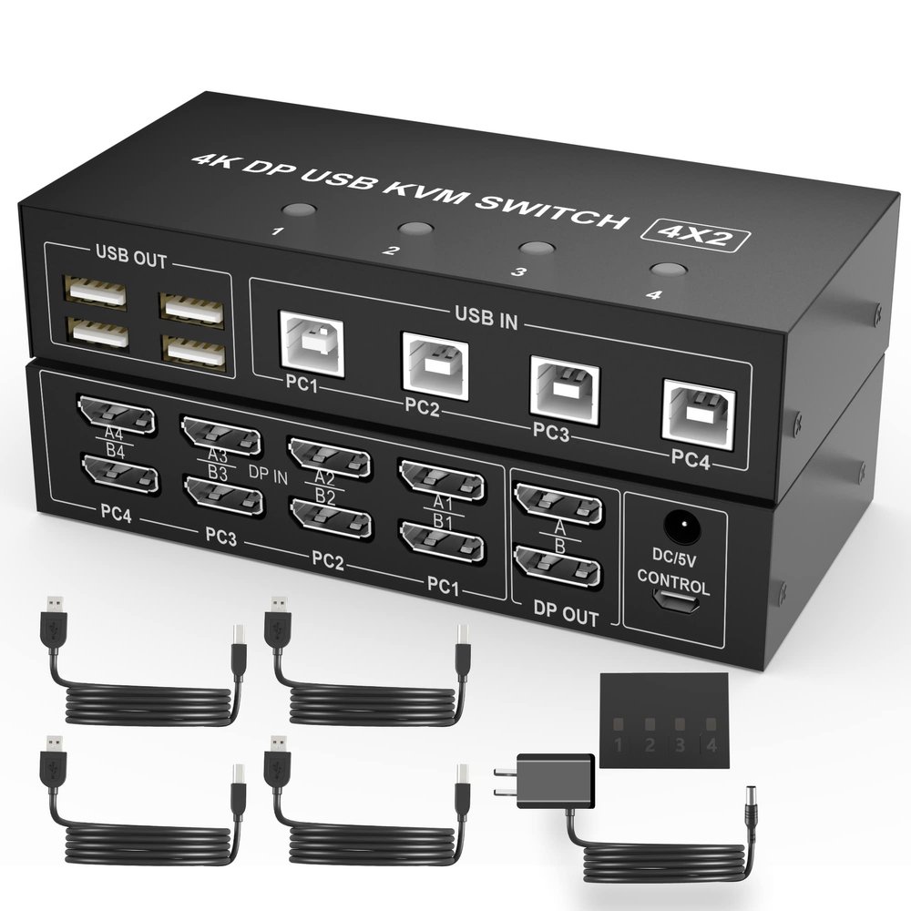 4 Port KVM Switch Dual Monitor Displayport 4K 60Hz, KVM Switch 2 Monitors 4 Computers with 4 USB 2.0 Hub, Dual Monitor Displayport KVM Switch Keyboard Mouse Switcher