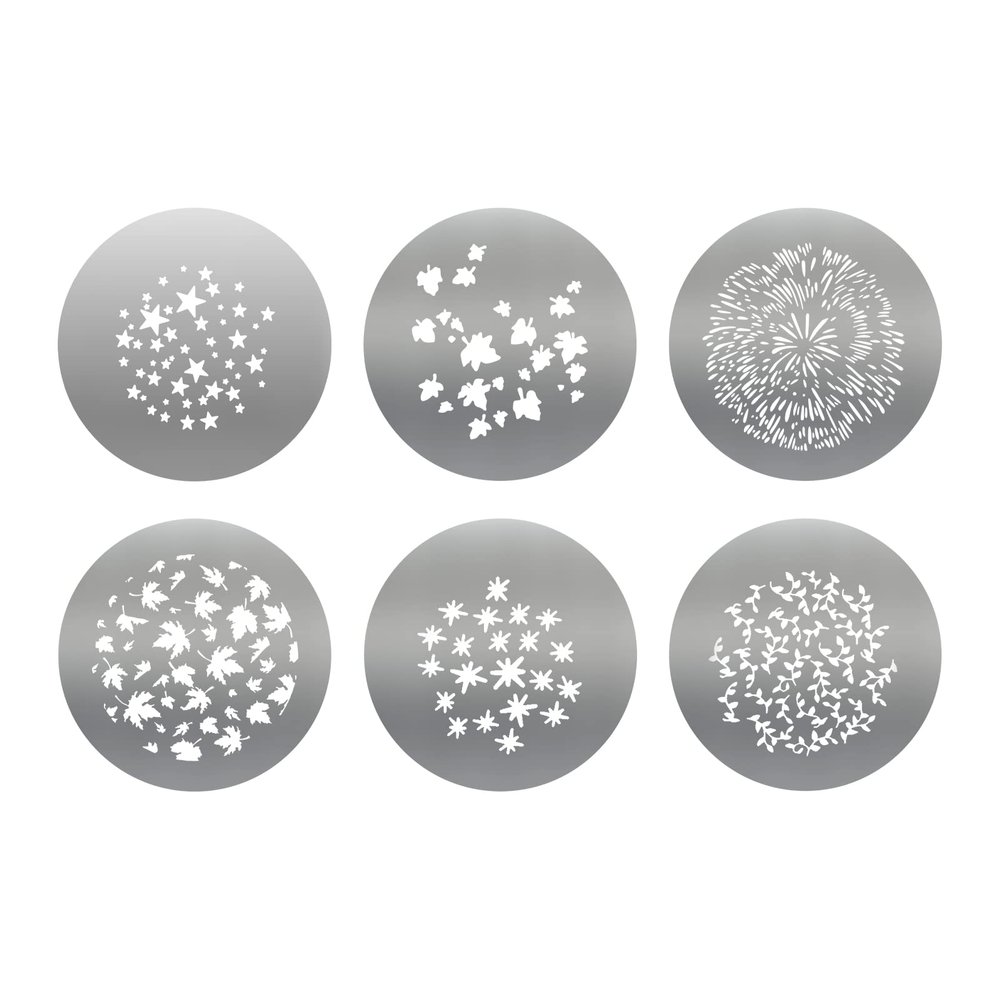6Pcs Round GOBO Kit,66mm Metal Plate with Different Patterns Works with Spotlight Attachment and OT1 Pro II III Optical Snoot to Create Different Lighting Effects