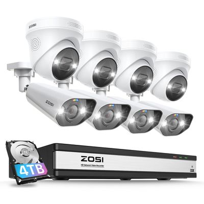 ZOSI 16CH 4K Spotlight PoE Security Camera System with 4TB HDD,8pcs 4K Indoor Outdoor Dome Bullet Cameras,Person Vehicle Detection,2 Way Audio and Siren,Night Vision,16Channel 8MP NVR for 24/7 Record
