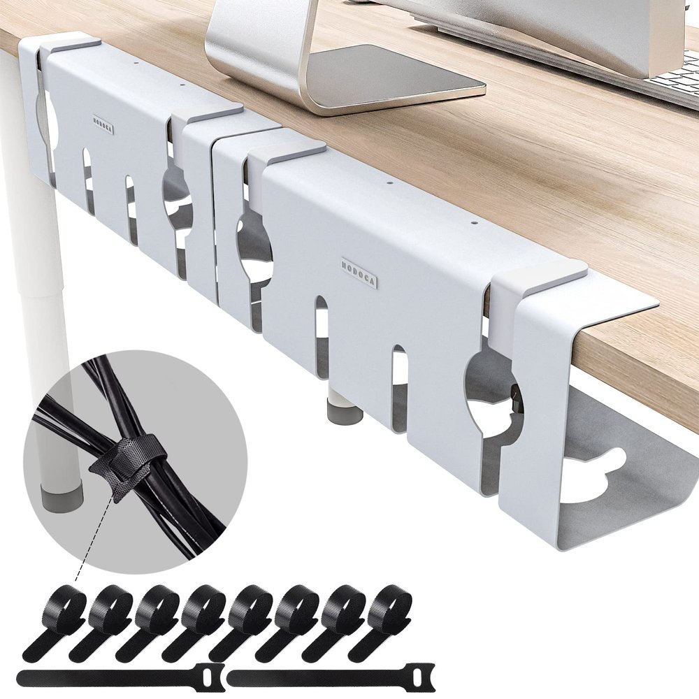 NODOCA No Drill Under Desk Cable Management Tray, 17'' Wire Management, Punch-Free Clamp on, Metal Cable Tray, Wire Organizer Under Desk, Under Desk Basket for Office and Home, White(2 Packs)