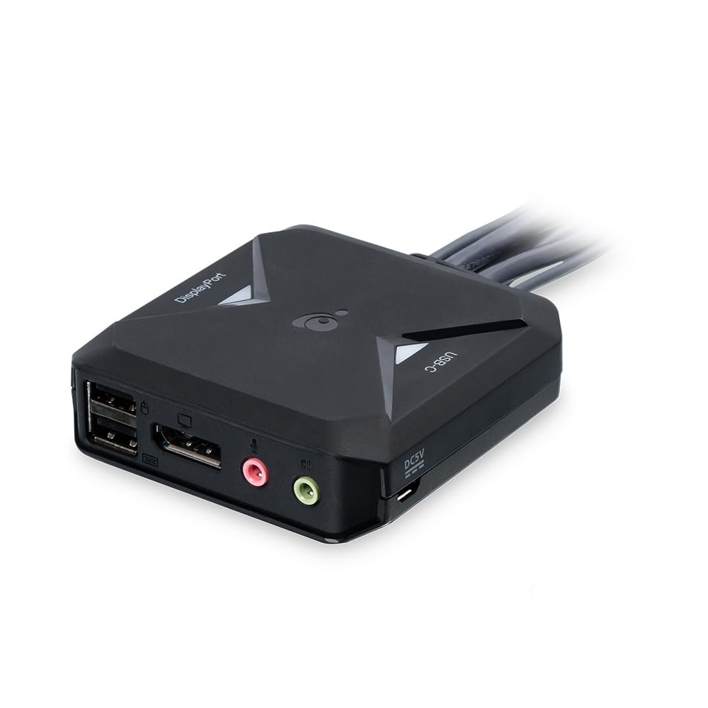 IOGEAR 2-Port 4K Hybrid KVM Share 2 Computers with 1 Keyboard, Mouse, and Monitor, DisplayPort & USB-C with Audio, Built-in Cables, Remote Selector (GCS82DPC)