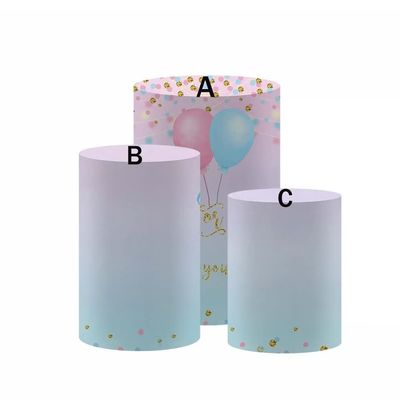 Gender Reveal Cylinder Cover,Circle Plinth Cover with Elastic Band,Blue Pink Dots Balloon Baby Shower Birthday Cake Table Props C-D56H57