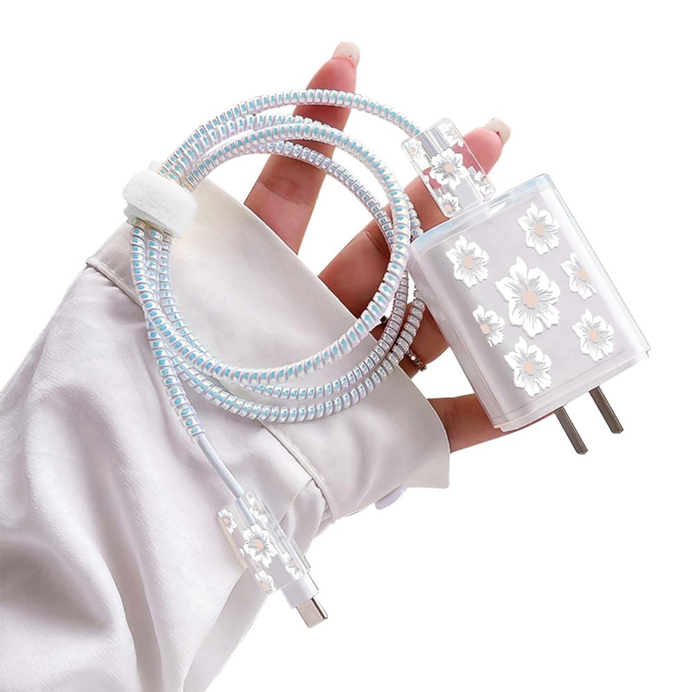 Cute Flowers DIY Protectors Cable Protector for iPhone Charger,Elegant White Camellia Pattern,Data Cable USB Charger Data Line Earphone Wire Saver for iPhone X 13 12 11 Pro Max