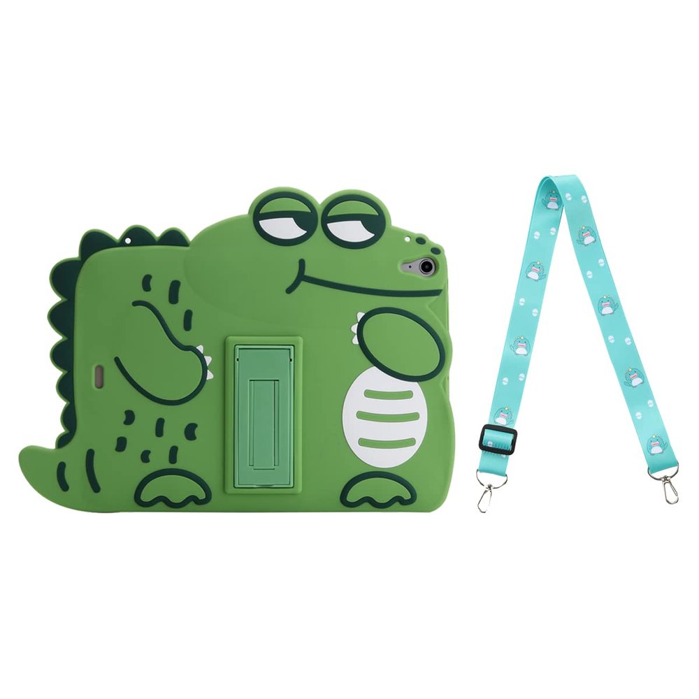 3D Cute Crocodile Case for iPad 10th 2022/Air 5th 2022/Air 4th Generation 2020 10.9 inch with Strap,Kawaii Cartoon Green Crocodile Soft Silicone Case with Kickstand for Kids Teens Boys Girls Women