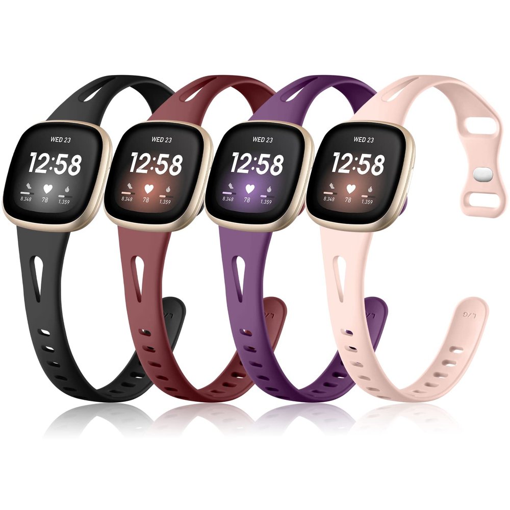 Ouwegaga Compatible with Fitbit Sense/Sense 2/Versa 3/Versa 4 Bands for Women, Soft Silicone Slim Sport Strap with Breathable Air Holes, 4 Pack Large