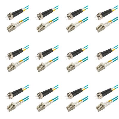 SpeedyFiberTX - 12-Pack 50 Feet Multimode OM3 Duplex ST to LC Fiber Patch Cable, Corning OM3 ClearCurve 50/125 Optical Fiber, Aqua Riser OFNR Cable Jacket