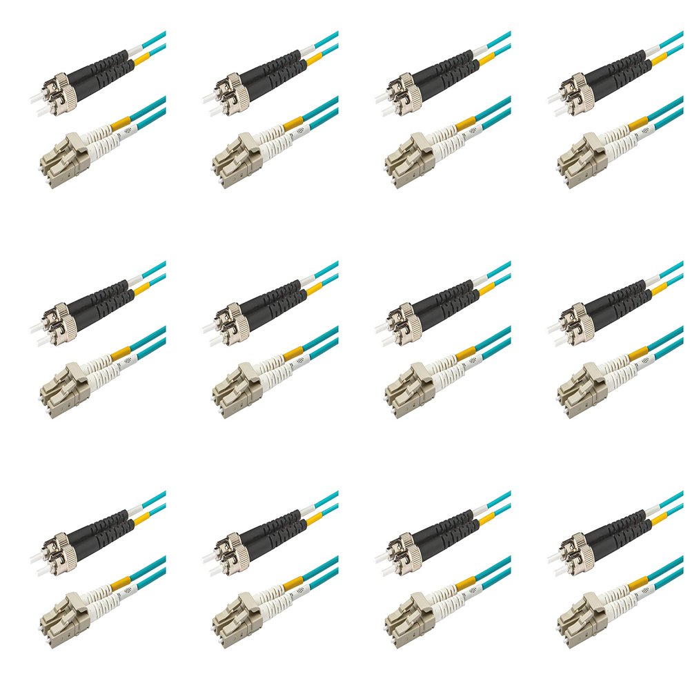 SpeedyFiberTX - 12-Pack 50 Feet Multimode OM3 Duplex ST to LC Fiber Patch Cable, Corning OM3 ClearCurve 50/125 Optical Fiber, Aqua Riser OFNR Cable Jacket