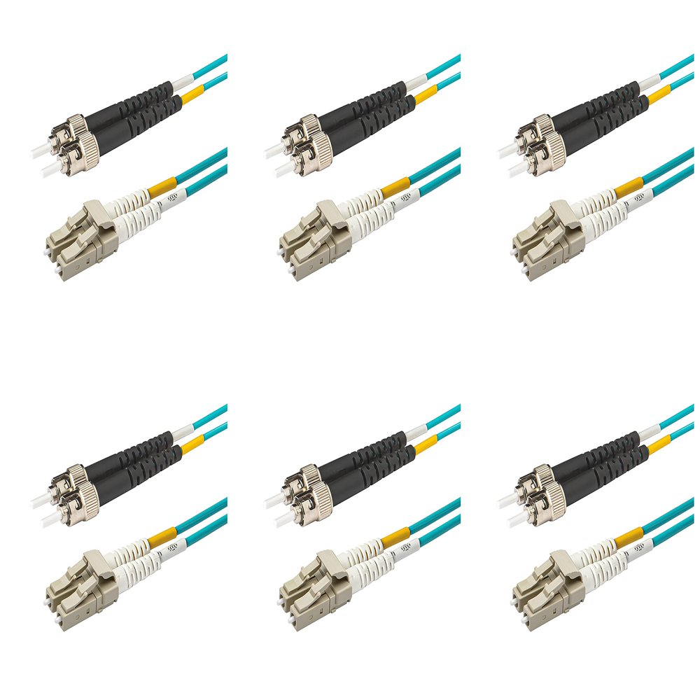 SpeedyFiberTX - 6-Pack 5 Meter Multimode OM3 Duplex ST to LC Fiber Patch Cable, Corning OM3 ClearCurve 50/125 Optical Fiber, Aqua Riser OFNR Cable Jacket