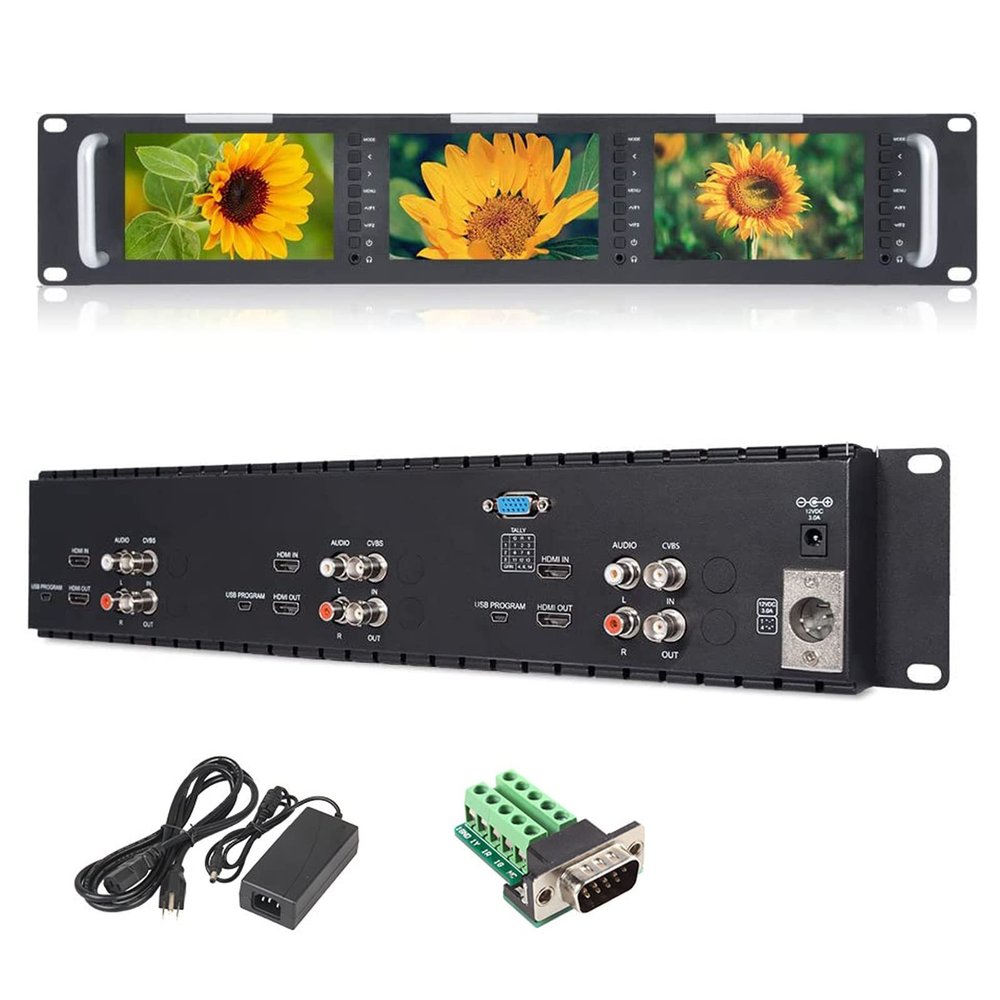 FEELWORLD T51-H Triple 5 inch 2 RU Rack Mount Monitor 800480 Broadcast LCD Monitor with HDMI AV Input and Output