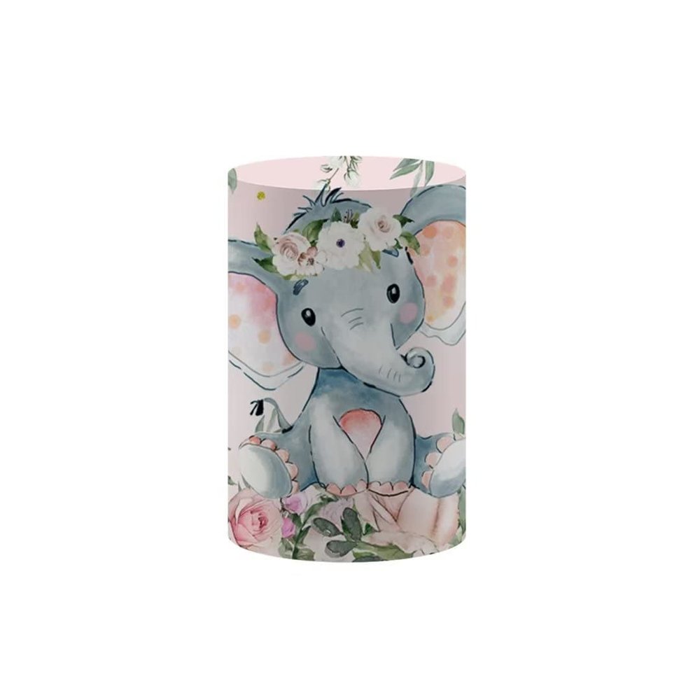 Iydamc Gender Reveal Cylinder Cover,Circle Plinth Cover with Elastic Band,Pink Flowers Elephant Baby Shower Birthday Cake Table Props W-3924 A-D56H77