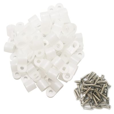 Alamic Cable Clamp R-Type Cable Clip Wire Clamp 3/8" Nylon Screw Mounting Cord Fastener Clips with Screws for Wire Management - White - 50 Pcs