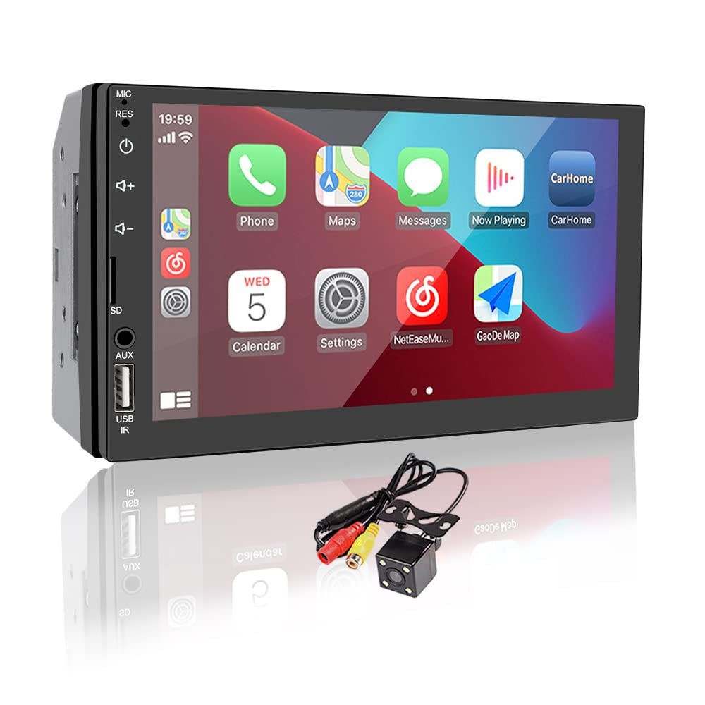 2Din Car Radio Wince Compatible with Carplay and Android Auto 7" Capacitive Touchscreen,Mirror Link, Reverse Image, Bluetooth, FM, USB/AUX Port +4 LED Camera