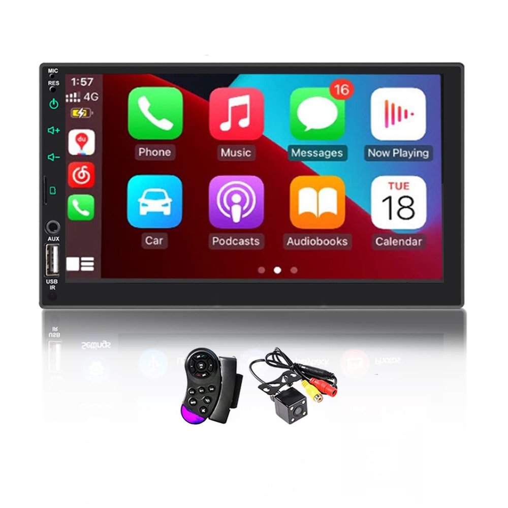 2Din Car Radio Compatible with Carplay and Android Auto 7" Capacitive Touchscreen,Mirror Link, Reverse Image, Bluetooth, AM/FM, USB/AUX +4LED Camera+Steering Wheel Remote Control