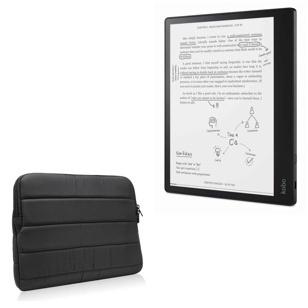 BoxWave Case Compatible with Kobo Elipsa - Polar Jacket, Puffy Padded Material Zip Up Sleeve Pouch - Jet Black