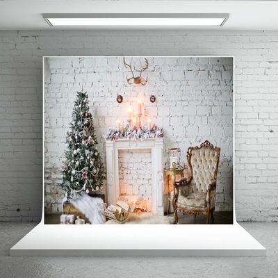 10x6.5ft Christmas Fireplace Photo Backdrop Christmas Party Decoration Banner Candle Christmas Tree White Retro Wall Elk Pendant Background
