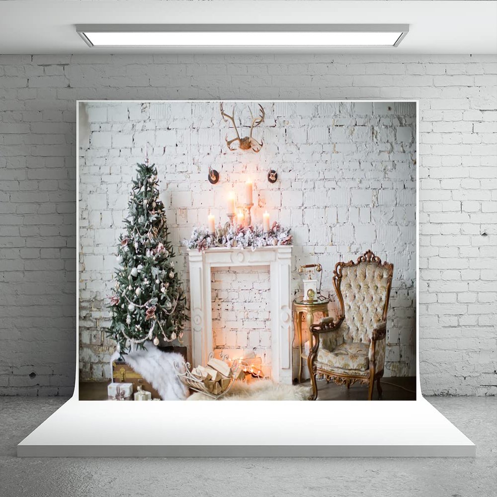 10x6.5ft Christmas Fireplace Photo Backdrop Christmas Party Decoration Banner Candle Christmas Tree White Retro Wall Elk Pendant Background