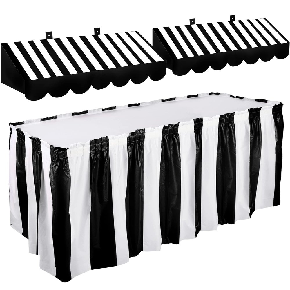 Tallew 3 Pcs Circus Awning 3D Cardboard Stripe Table Skirt, Black White