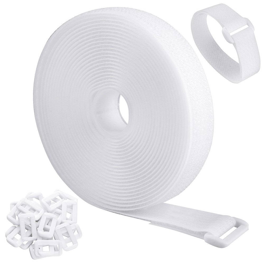 WSZJINB 16Ft Adjustable Cable Straps with Buckles, Free Cut Length, White Reusable Fastening Cable Ties, Hook and Loop Securing Strap for Cable Tidy, Wire Management, Cord Organiser, 0.8In Wide