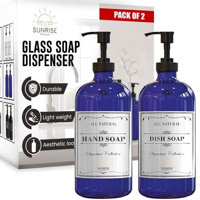 Sunrise Premium 16 OZ Cobalt Blue Glass Soap Dispenser with Pump 2 Pack, Hand and Dish Soap Dispenser Set for Bathroom and Kitchen Sink with 6 Waterproof Labels