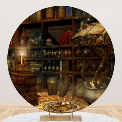 DORCEV Diameter 6.5ft Horror Magic Room Round Backdrop Cover Retro Bookrack Candle Witch Magical Potion Books Skull Photography Background Halloween Photo Kids Portrait Video Shoot Props