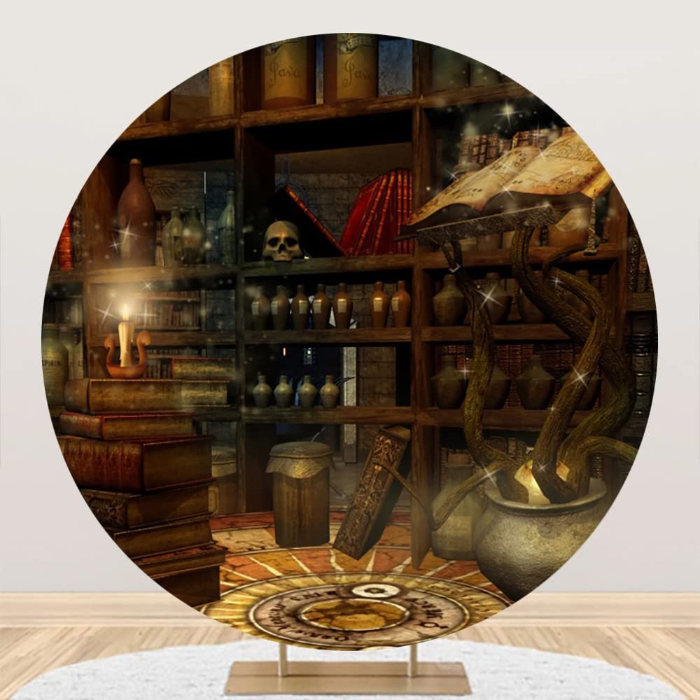 DORCEV Diameter 6.5ft Horror Magic Room Round Backdrop Cover Retro Bookrack Candle Witch Magical Potion Books Skull Photography Background Halloween Photo Kids Portrait Video Shoot Props