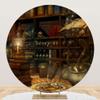 DORCEV Diameter 6.5ft Horror Magic Room Round Backdrop Cover Retro Bookrack Candle Witch Magical Potion Books Skull Photography Background Halloween Photo Kids Portrait Video Shoot Props view 1