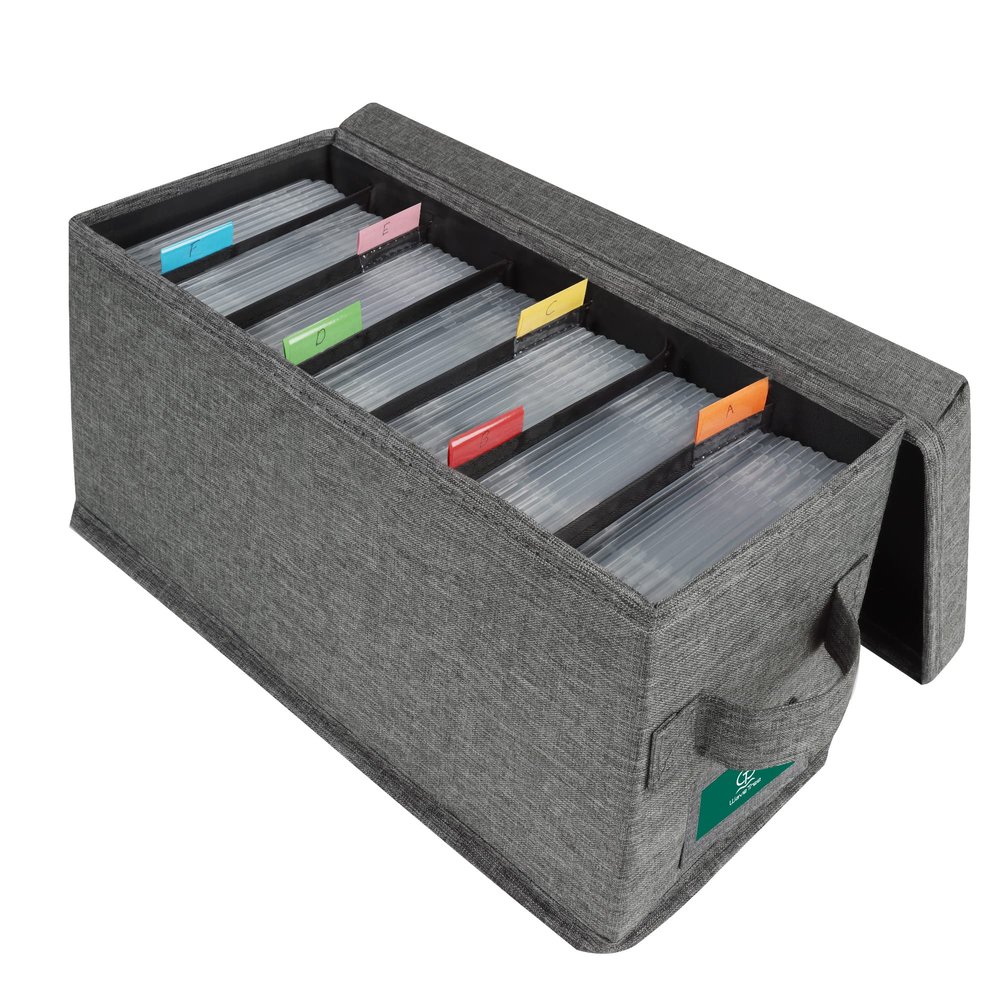 T WaveTree CD Storage Box with Lid, Practical CD Case Holder Organizer with Index Labels, 14.6 x 5.7 x 6.1 Inches CD Storage Case to Store up to 35 CDs Jewel Cases, and 193 Discs- Grey