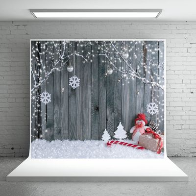10x10ft Country Retro Wood Christmas Photography Background Snowflake Bell Snowman Cane Candy Background