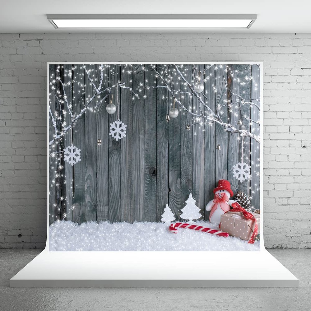 10x10ft Country Retro Wood Christmas Photography Background Snowflake Bell Snowman Cane Candy Background