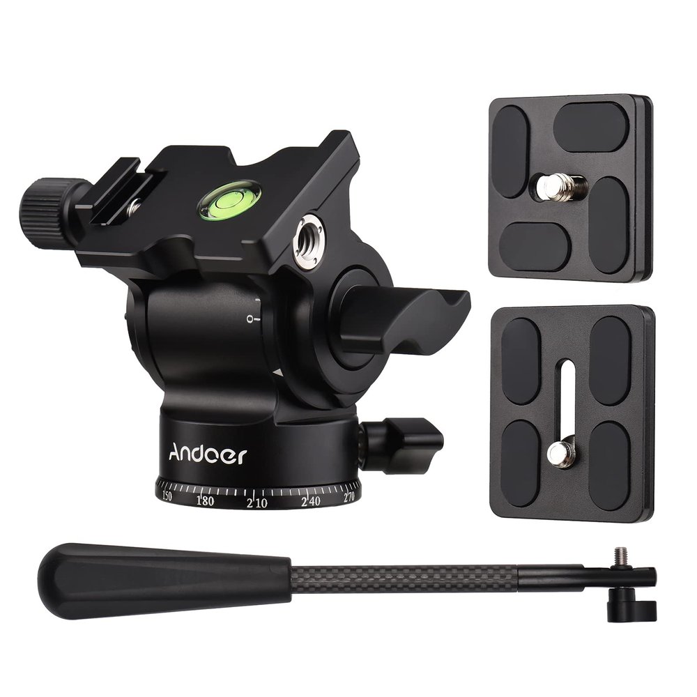 Andoer Compact Video Camera Fluid Head Tilting Pan Tripod Head Panorama Ball Head Aluminium Alloy Tripod Mount 1/4 Inch Screw 10 kg/22 lbs Load Capacity, Black