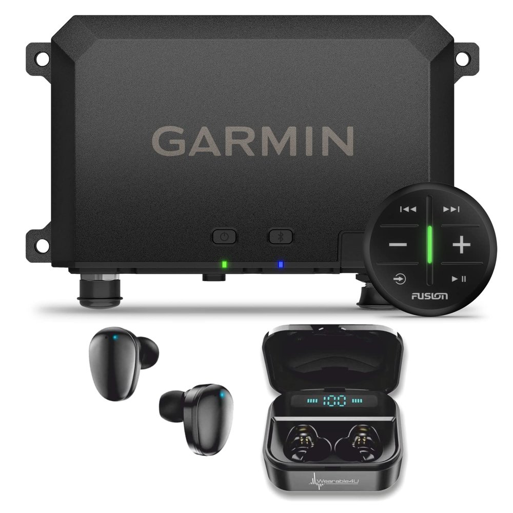 Wearable4U Garmin Tread Audio Box with LED Controller, Rugged Design, Premium Quality Audio, Wireless Remote, for Any Off-Road Power Outdoor Vehicle Black Earbuds Bundle
