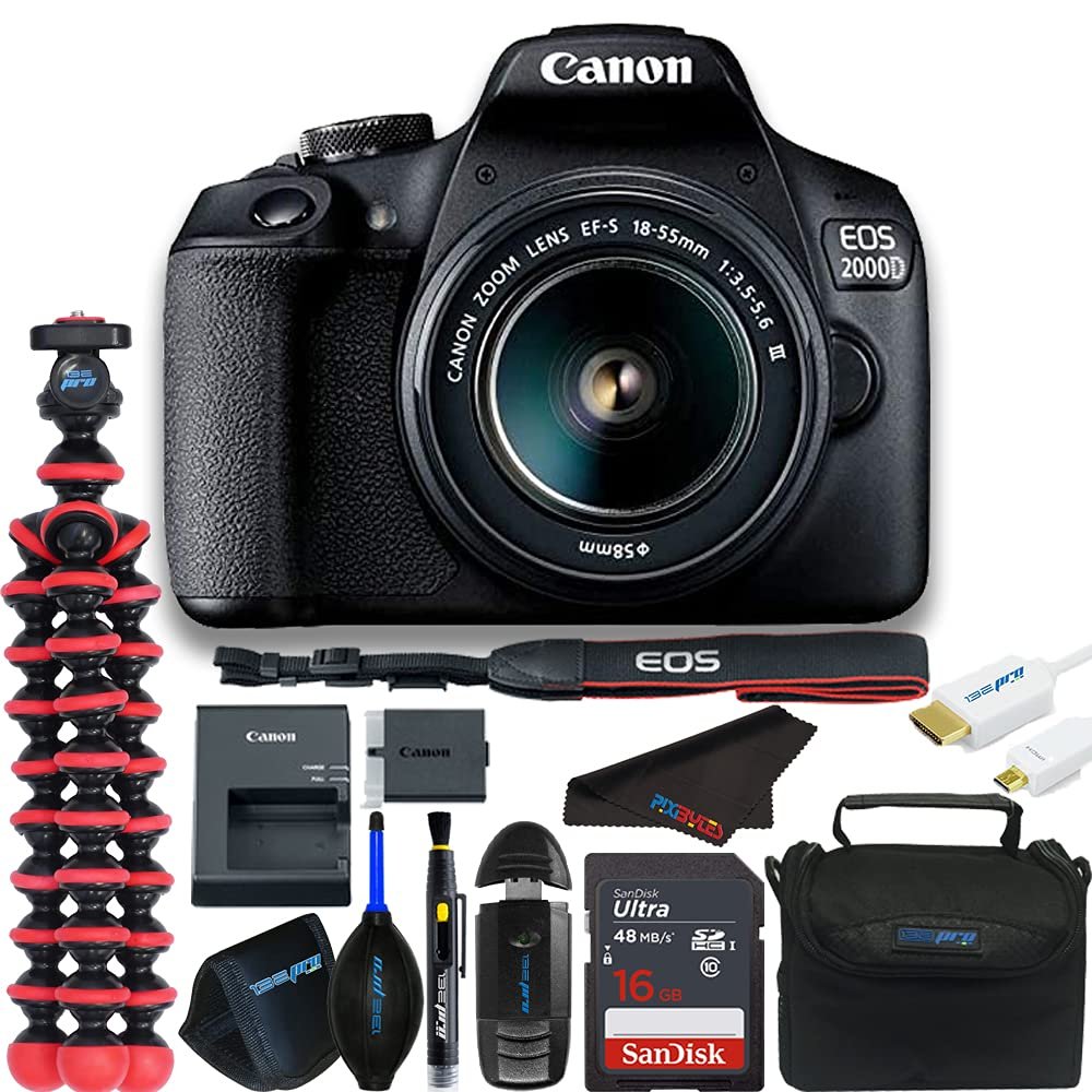Canon EOS 2000D / Rebel T7 Digital SLR Camera Body w/EF-S 18-55mm f/3.5-5.6 Lens 3 Lens DSLR Kit + Pixibytes Basic Bundle (International Bundle) (Renewed)