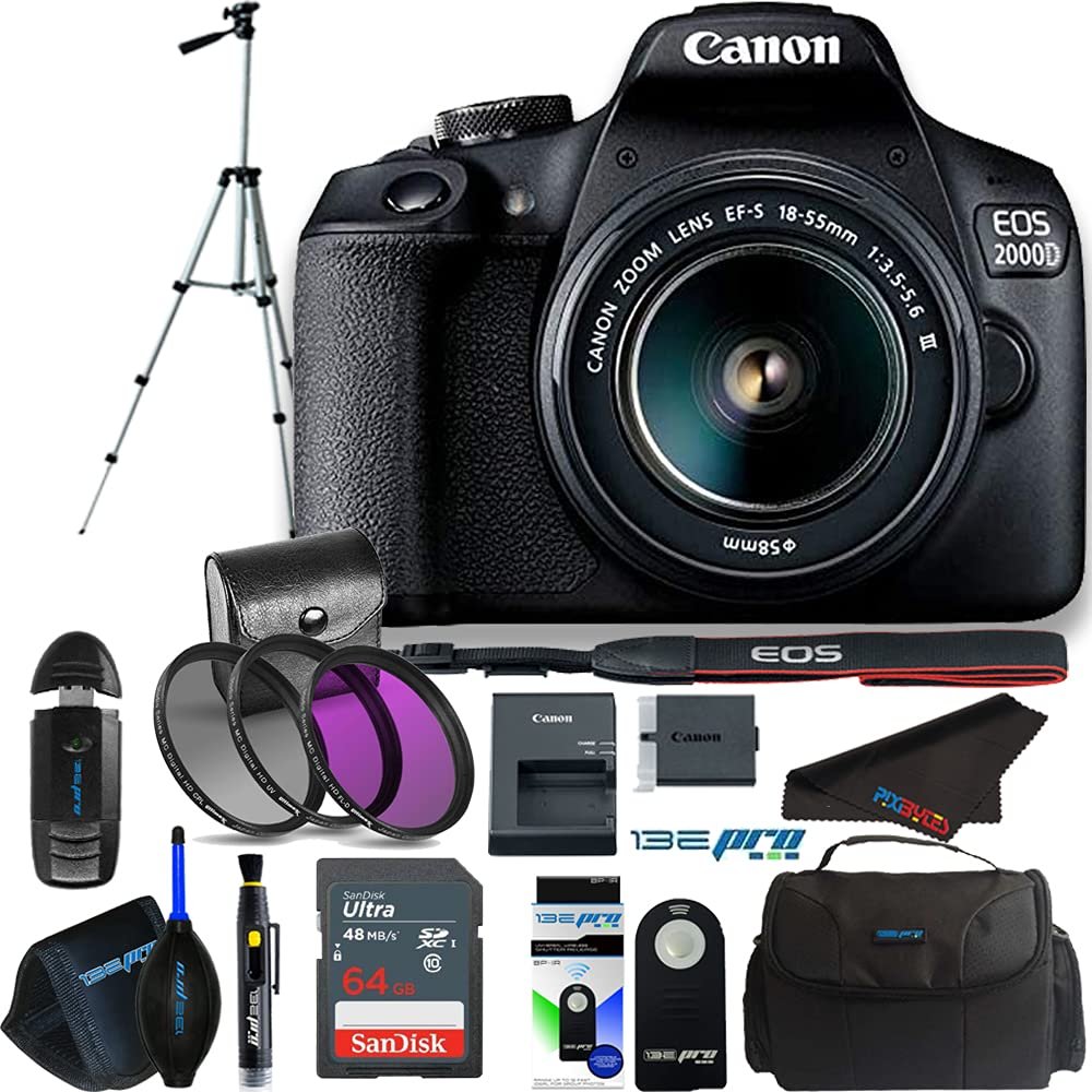EOS 2000D / Rebel T7 Digital SLR Camera Body w/EF-S 18-55mm f/3.5-5.6 Lens 3 Lens DSLR Kit + Pixibytes Deluxe 16 Pcs Bundle (Renewed)