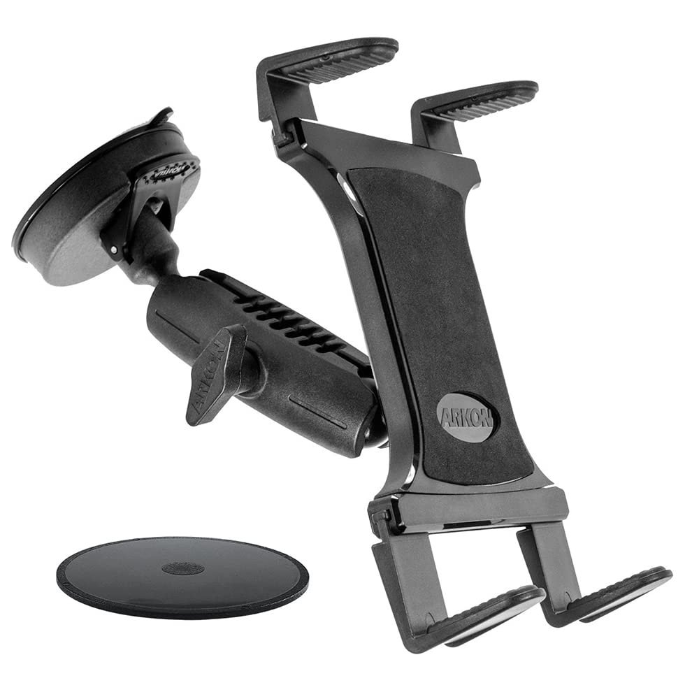 ARKON Mounts Windshield Suction Tablet Mount, Strong 80mm Suction Base, Adjustable Arm, Includes Dashboard Mounting Disc, Tablet Holder Compatible with iPad, Galaxy, and More