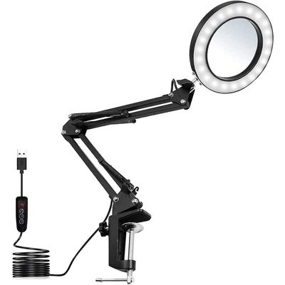 Feilx 5X Magnifying Glass with Light and Stand, Stepless Dimming and 3 Color Modes Magnifying Lamp, Real Glass Lens and Swing Arms Magnifier Desk Lamp
