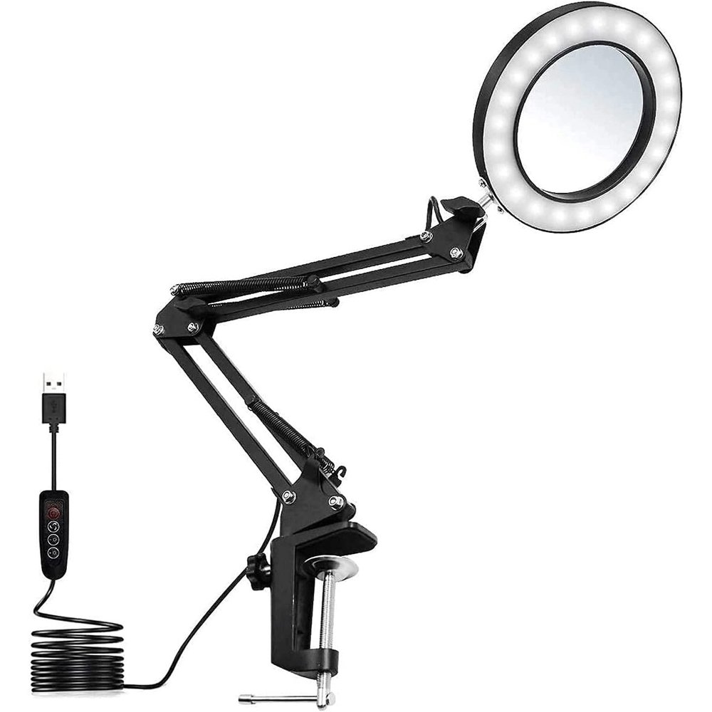 Feilx 5X Magnifying Glass with Light and Stand, Stepless Dimming and 3 Color Modes Magnifying Lamp, Real Glass Lens and Swing Arms Magnifier Desk Lamp