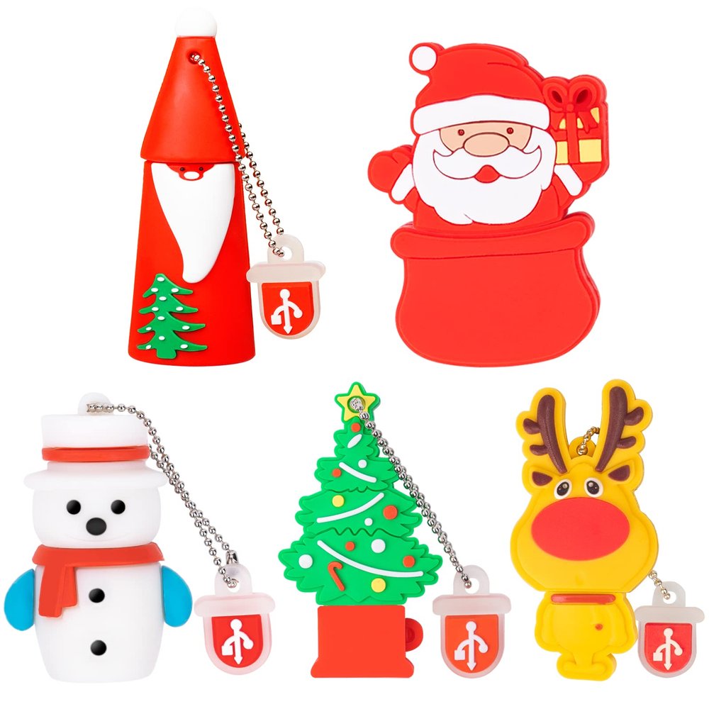 5 Pack USB Flash Drive Christmas Style 16GB New Year Gifts for Family and Friends, BorlterClamp USB 2.0 Drive Memory Stick of Santa Claus Christmas Tree Snowman Patterns Cute Pen Drive